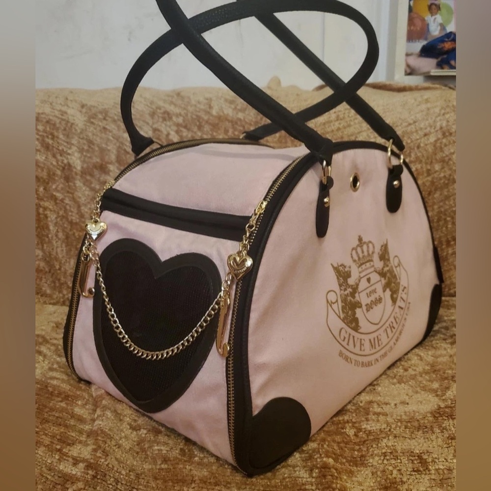 Juicy Couture Pink and Black Pet Travel Carrier with Gold Accents